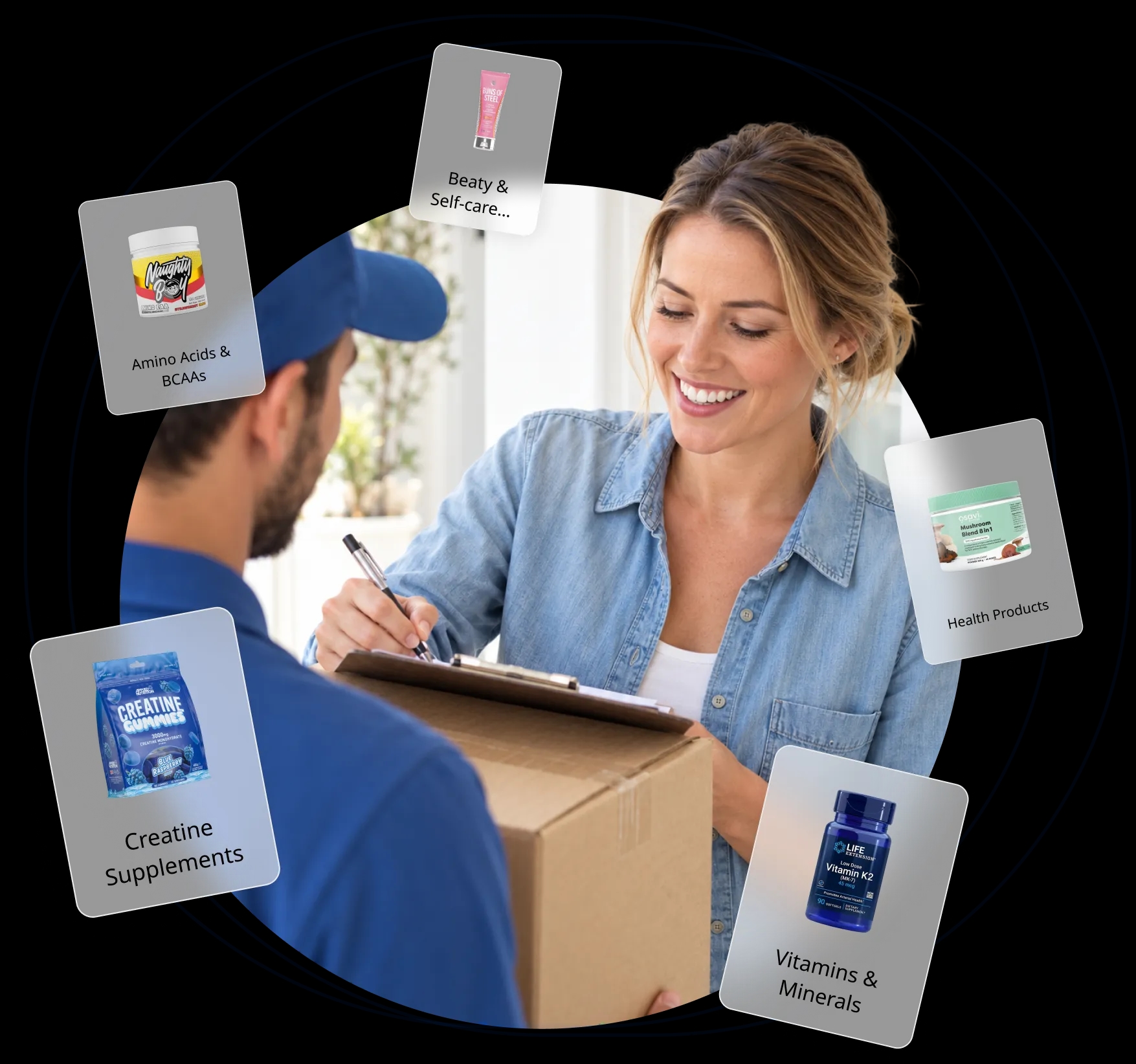 Courier handing a parcel to a smiling customer, surrounded by myGP Store product categories