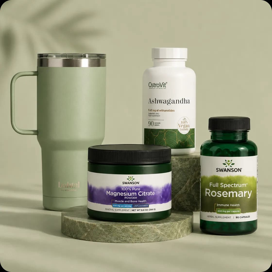 Reusable water bottle, magnesium powder and rosemary supplement arranged together