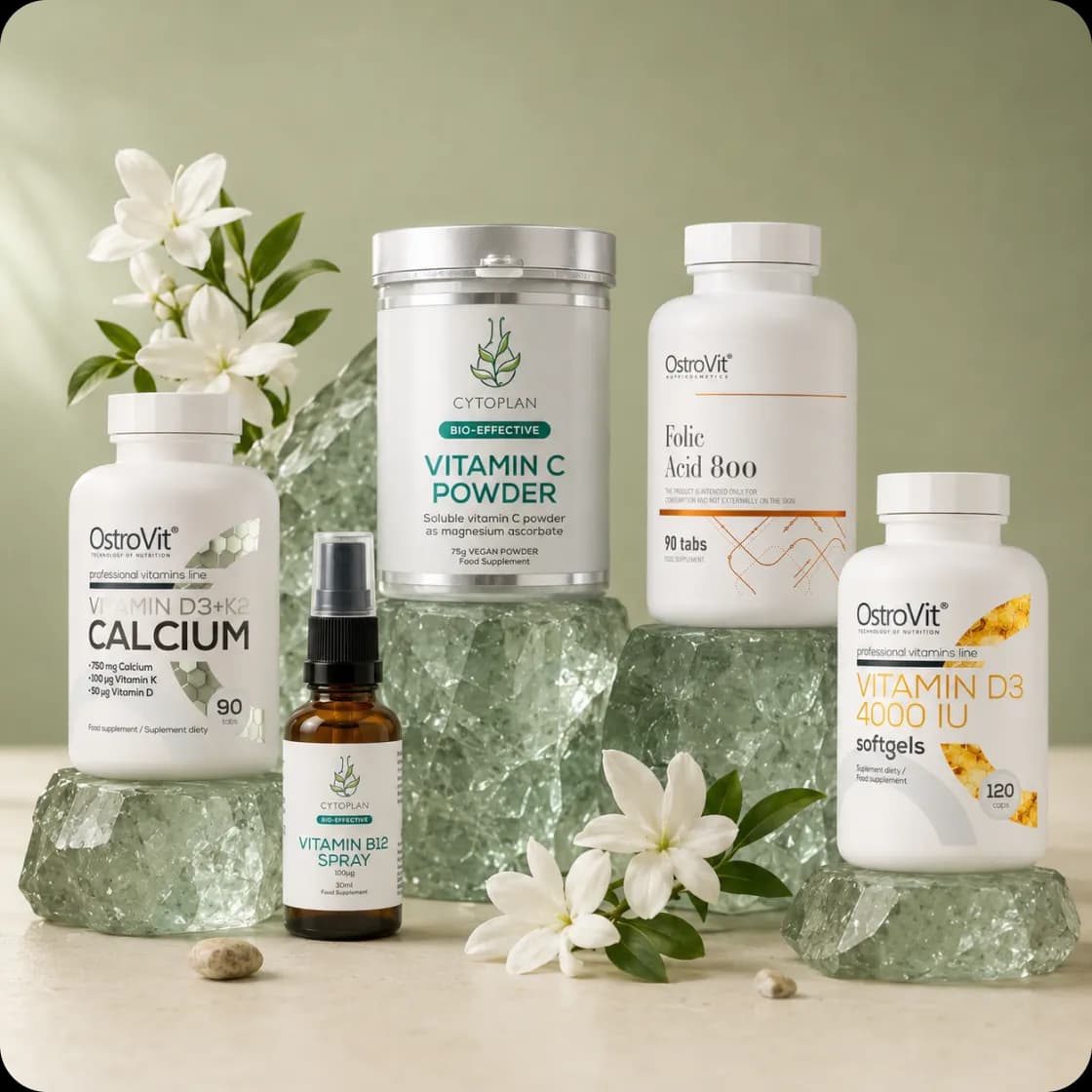 myGP vitamin C powder, calcium and other supplements styled with fresh flowers