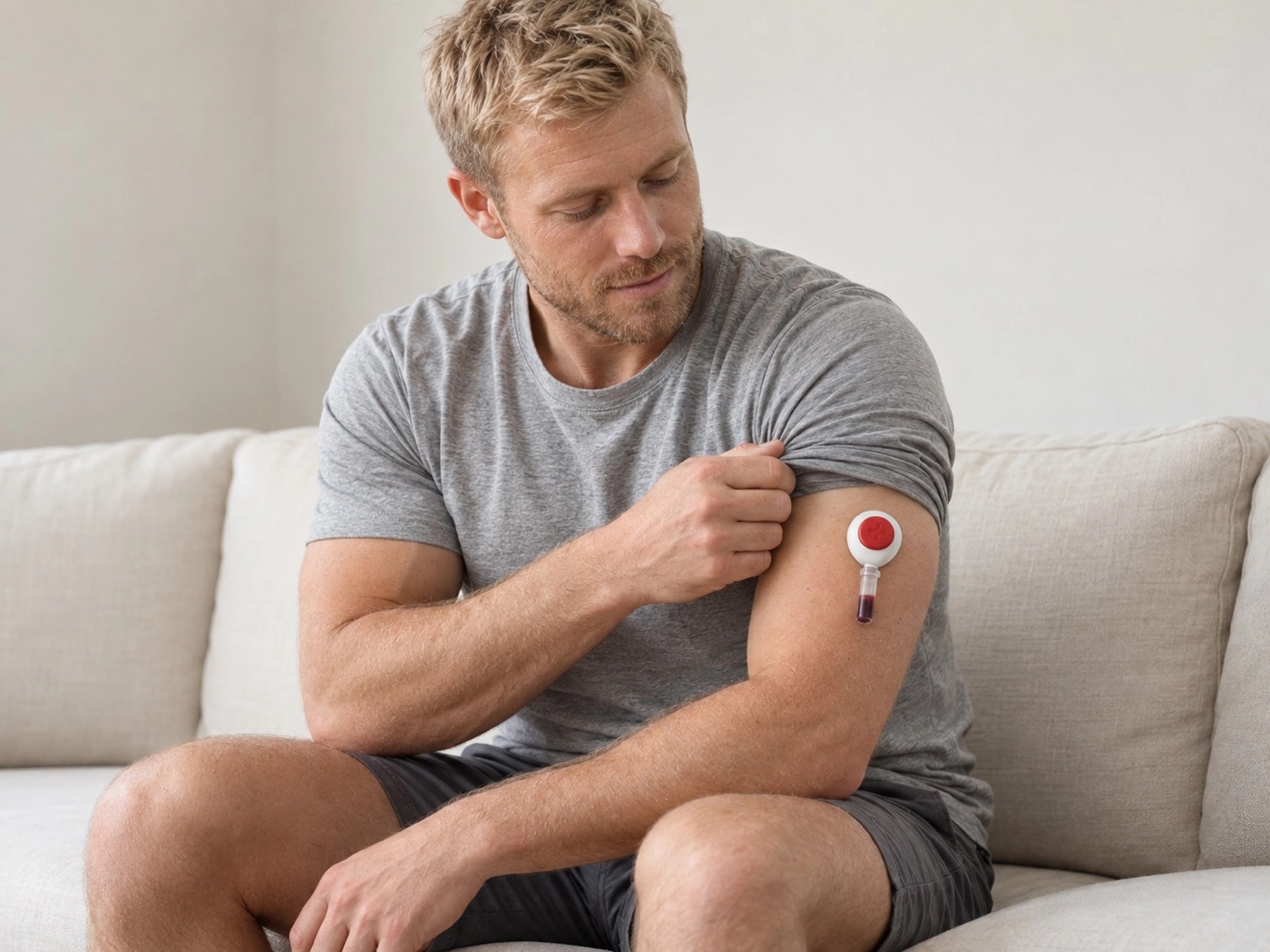 Man on a sofa with an Autodraw blood collection device on his upper arm