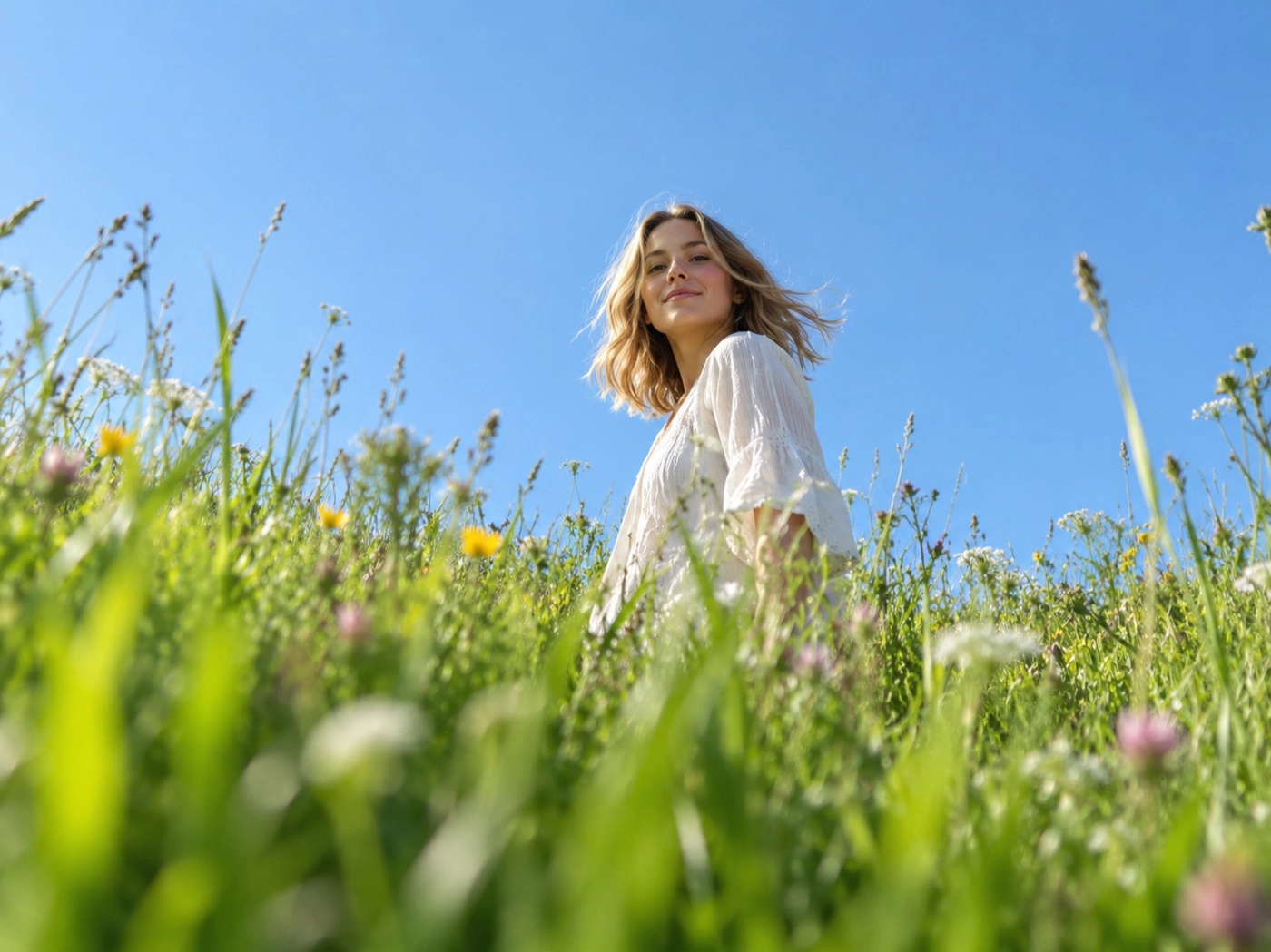 Woman standing in a meadow of wildflowers under a clear blue sky