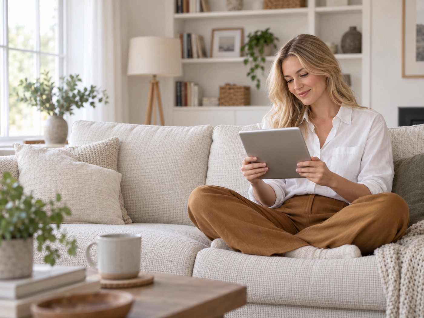 Woman relaxing on a sofa while reading a tablet