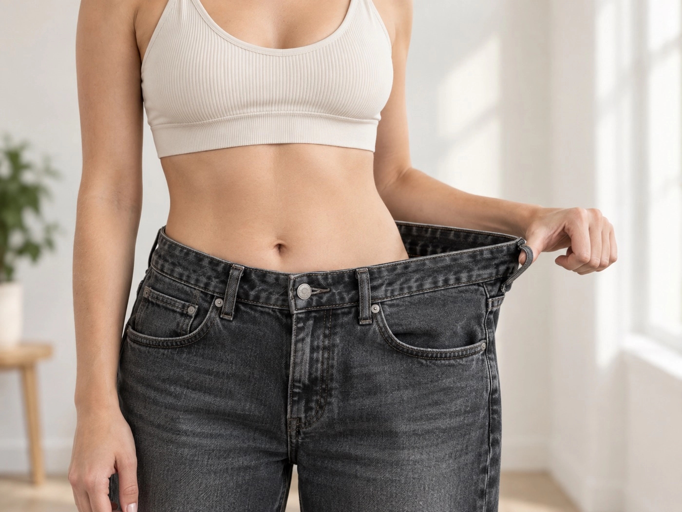 Person holding out the waistband of oversized jeans