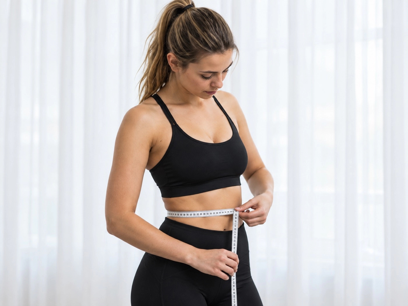 Woman in black sportswear measuring her waist with a tape measure