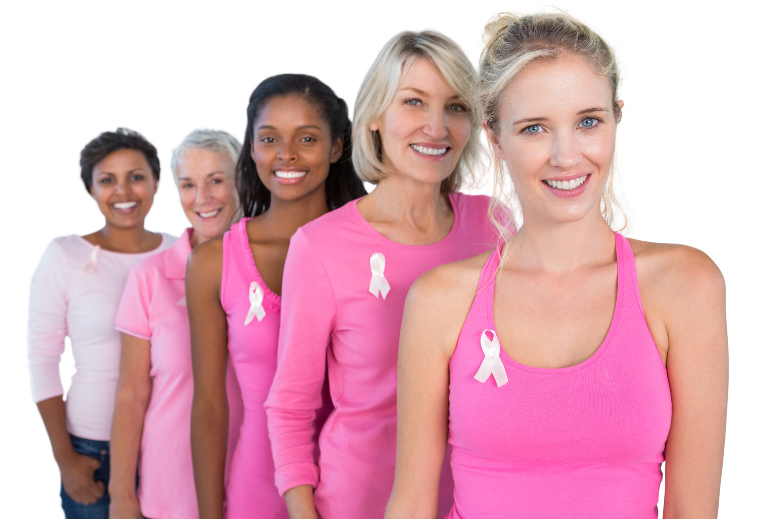 Five women wearing pink tops and white breast cancer ribbons